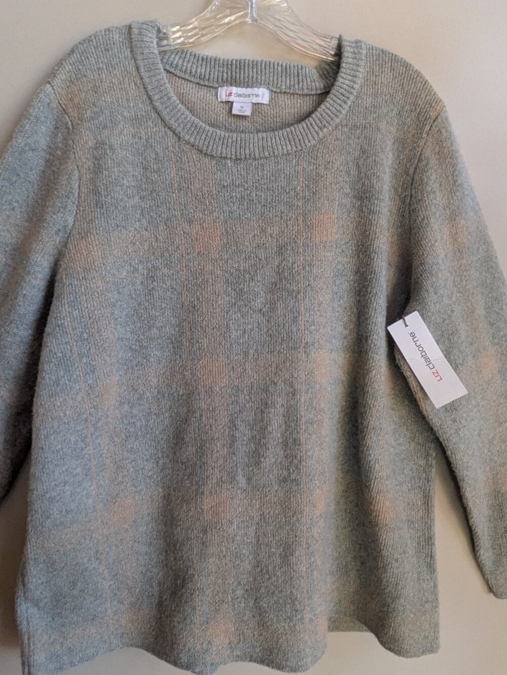 Liz Clairborne gray and peach NWT plaid sweater long sleeve size XL #768